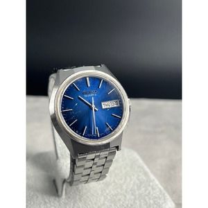 Rare Vintage 1973 Seiko 3803-7040 Men's Quartz Watch, Day Date, Blue Dial, Runs